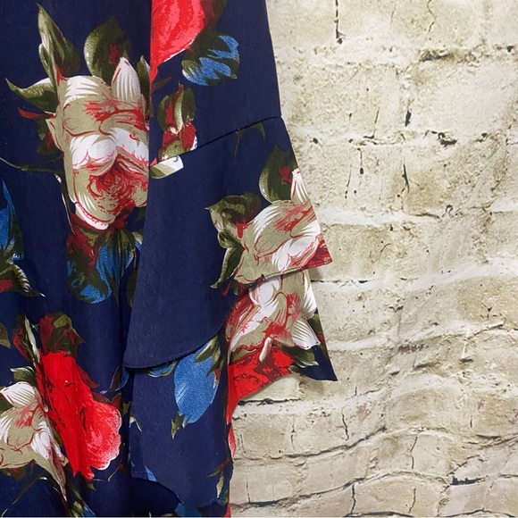 Umgee Blue Red Rose Floral Print Layered Sleeve Mini Dress - Picture 3 of 7